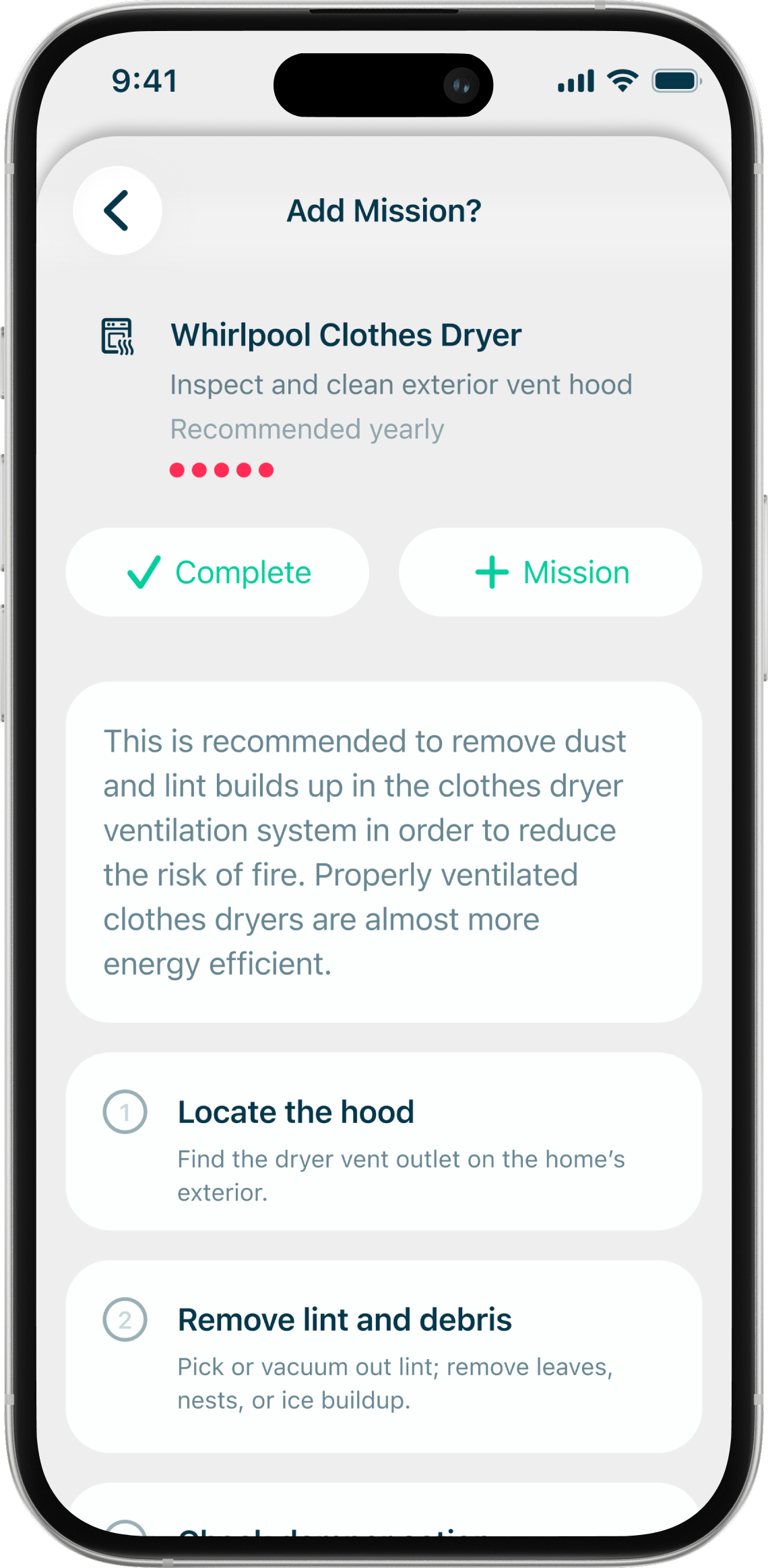 Mudroom app showing care tips and maintenance schedules