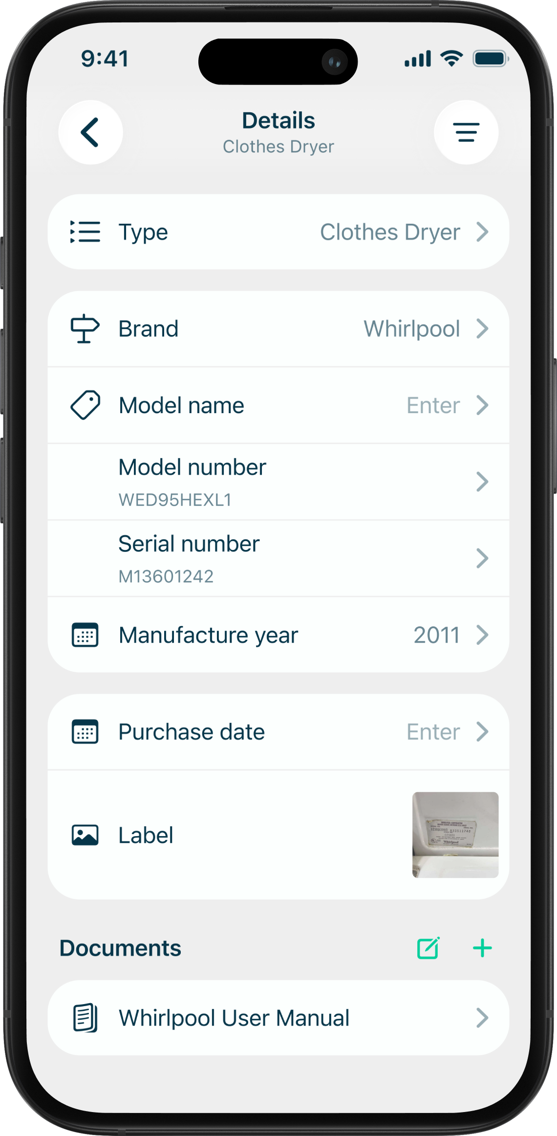 Mudroom app showing detailed item records with make and model
